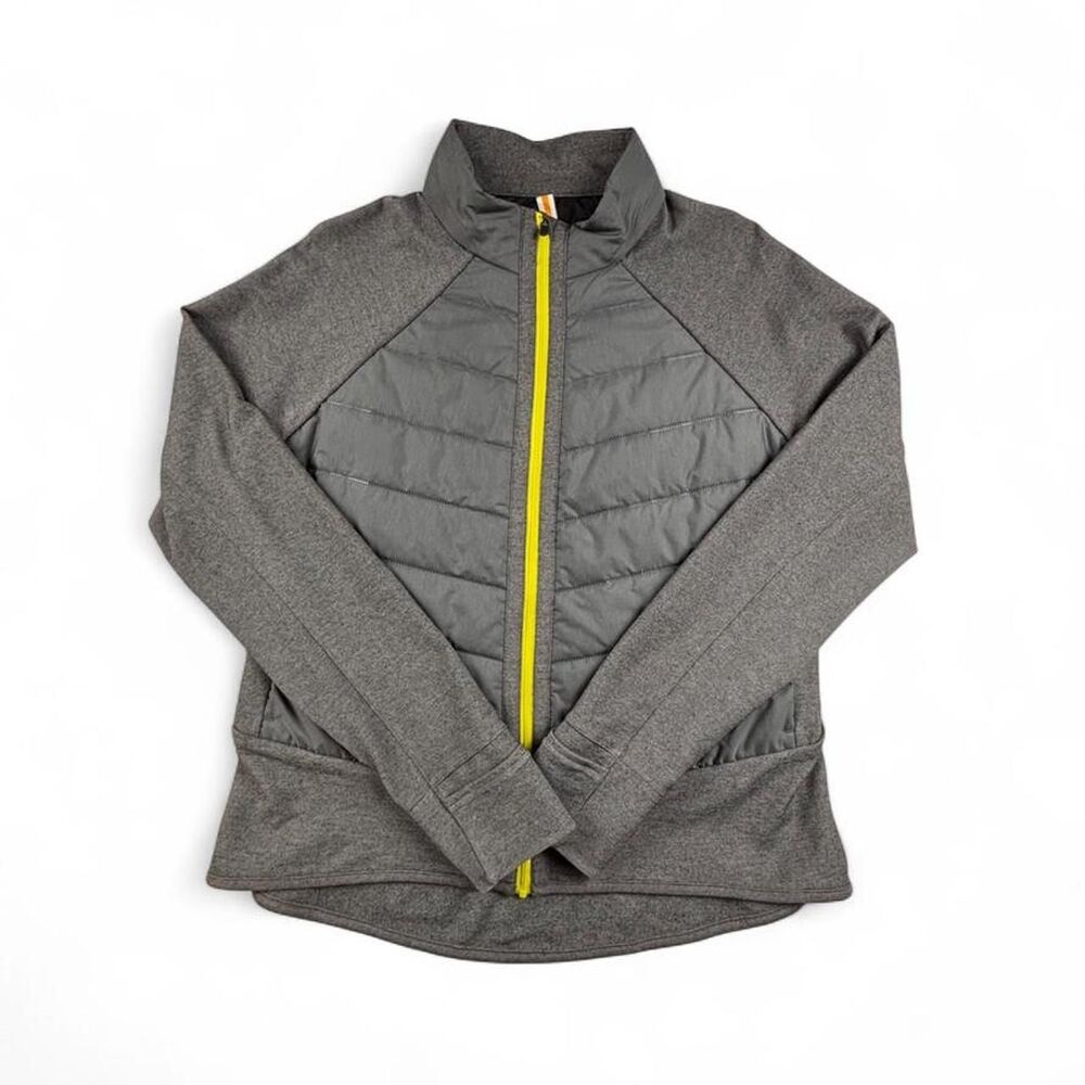 Lucy Women’s Athletic Jacket Size L Gray Quilted Hybrid Full Zip Yellow Accent